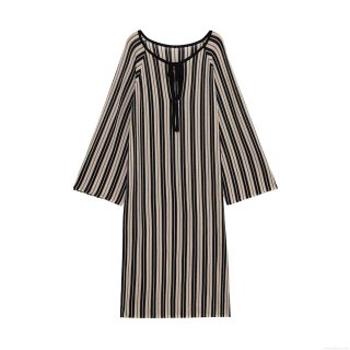 Women's Casual Striped Knit Midi Dress V-Neck Tie Front Long Sleeve Polyester Linen Blend Loose Striped Dress For Summer Daily Wear
