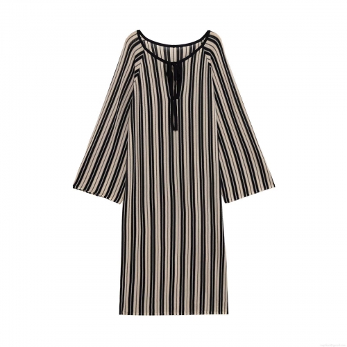 Women's Casual Striped Knit Midi Dress V-Neck Tie Front Long Sleeve Polyester Linen Blend Loose Striped Dress For Summer Daily Wear