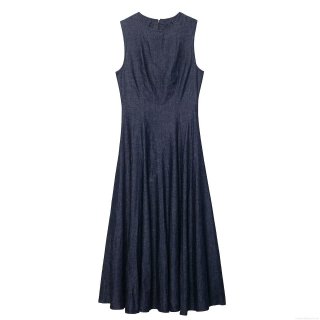 Women's Sleeveless Round Neck Denim Midi Dress Casual Slim Fit A-Line Flared Dark Blue Long Dress For Summer Daily Wear
