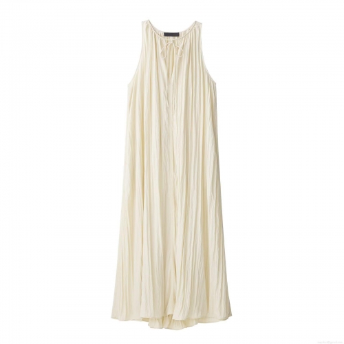 Women Pleated Halter Neck Sleeveless Maxi Dress Solid Color Tie Neck Loose Casual Summer Sundress For Ladies Beach Vacation