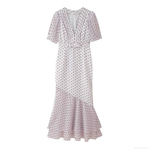 Women's Summer Elegant Floral Print Midi Dress Polyester Spandex V-Neck Short Sleeve Slim Fit Fishtail Hem Patchwork Bow Bodycon Dress For Casual Party Vacation