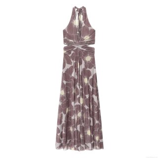 Women Sexy Floral Print Mesh Maxi Dress Halter Neck Waist Hollow Out Lace Up Backless Sleeveless Slim Fit Bodycon Long Dress For Summer Party Vacation