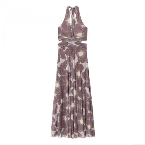 Women Sexy Floral Print Mesh Maxi Dress Halter Neck Waist Hollow Out Lace Up Backless Sleeveless Slim Fit Bodycon Long Dress For Summer Party Vacation