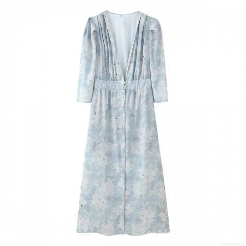 Women's Elegant Light Blue Floral V-Neck Maxi Dress Puff Sleeve Pearl Button High Waist Pleated A-Line Lightweight Polyester Chiffon Summer Party Vacation Dress