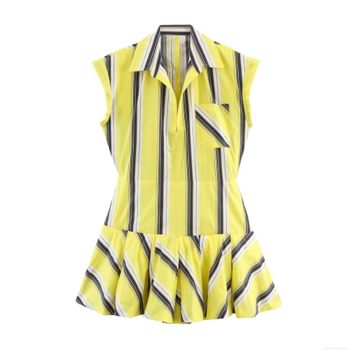 Women's Summer Fashion Yellow Striped Sleeveless Dress Casual Polyester Spandex Lapel Neck Cutout Back Mini Dress With Chest Pocket A-Line Pleated Hem Holiday Beach Wear