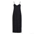 Sexy Black Lace Cami Maxi Dress With Backless High Slit Design Slim Fit Elegant Solid Color Sleeveless Long Dress For Women Party Banquet Summer