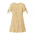 Elegant Yellow Floral Print Short Sleeve Mini Dress For Women Summer Vacation Crew Neck Polyester Spandex A-Line Dress With Tie Cuffs