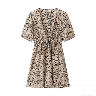 Women's Sexy Leopard Print Mini Dress V-Neck Knot Front Bow Tie Short Sleeve Polyester Spandex Slim Fit Vacation Party Clubwear Summer Autumn Dress