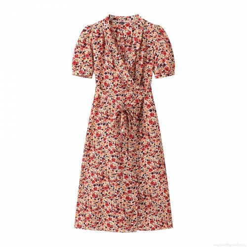 Women's Elegant V-Neck Floral Print Midi Dress Polyester Spandex Short Puff Sleeve A-Line Dress With Waist Tie For Summer Daily Dating Casual