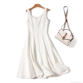 Women's Casual White 100% Cotton Midi Dress Sleeveless Square Neck Backless A-Line Summer Sundress With Topstitching Detail For Vacation Party Elegant Streetwear