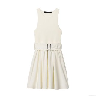 Women Sleeveless Patchwork Dress Ribbed Knit Top Pleated Skirt With Belt Elegant Summer Casual A-Line Mini Dress Ivory White Minimalist Pullover Style Clothing