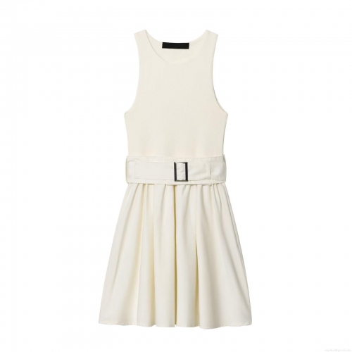 Women Sleeveless Patchwork Dress Ribbed Knit Top Pleated Skirt With Belt Elegant Summer Casual A-Line Mini Dress Ivory White Minimalist Pullover Style Clothing