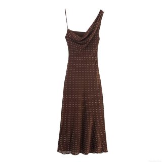 Women Retro Dark Brown Polka Dot Maxi Dress Sexy Asymmetric Ruffle Neckline Sleeveless Chiffon Sling Dress For Summer Autumn Party Elegant Lady