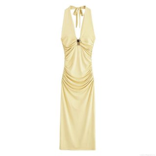Women Sexy Halter Neck Maxi Dress Light Yellow Ruched Deep V-Neck With Gold Metal Buckle Elegant Sleeveless Backless High Waist Bodycon Long Dress For Party Vacation Evening