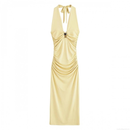Women Sexy Halter Neck Maxi Dress Light Yellow Ruched Deep V-Neck With Gold Metal Buckle Elegant Sleeveless Backless High Waist Bodycon Long Dress For Party Vacation Evening