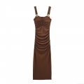 Women Sexy Ruched Camisole Maxi Dress With Golden Shell Metallic Decoration Slim Fit Bodycon Evening Party Dress Dark Brown