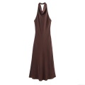 Women's Sexy Halter Neck Satin Midi Dress Backless Dark Brown Contrast Trim A-Line Sleeveless Party Club Evening Chic Dress