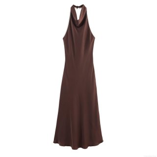 Women's Sexy Halter Neck Satin Midi Dress Backless Dark Brown Contrast Trim A-Line Sleeveless Party Club Evening Chic Dress