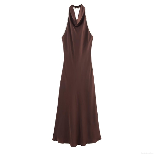 Women's Sexy Halter Neck Satin Midi Dress Backless Dark Brown Contrast Trim A-Line Sleeveless Party Club Evening Chic Dress