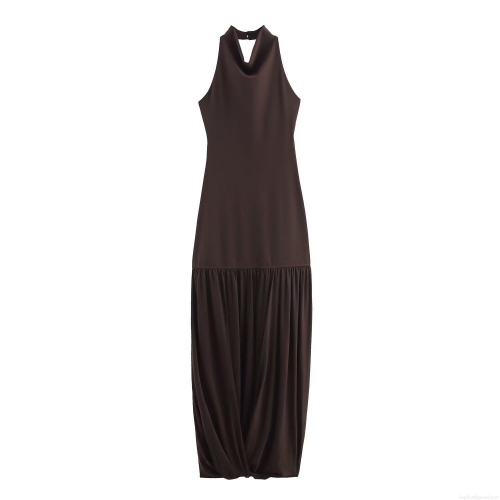 Sexy Halter Backless Maxi Dress For Women Elegant Mesh Patchwork Slim Fit Sleeveless Coffee Party Evening Long Dress Chic Clubwear Aesthetic