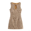 Women Elegant Tweed Mini Dress Sparkling Sequins Sleeveless Hollow Out Teardrop Neckline Celebrity Style Party Cocktail Dress Khaki
