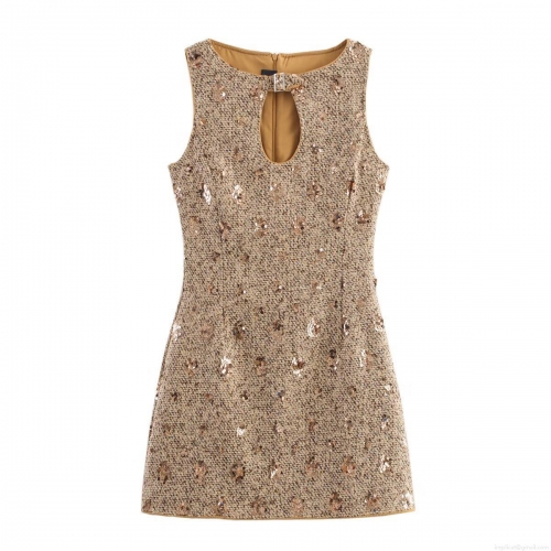 Women Elegant Tweed Mini Dress Sparkling Sequins Sleeveless Hollow Out Teardrop Neckline Celebrity Style Party Cocktail Dress Khaki