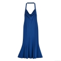 Sexy Cowl Neck Halter Maxi Dress For Women Backless Solid Blue Polyester Spandex Slim Fit Long Dress Elegant Evening Party Clubwear