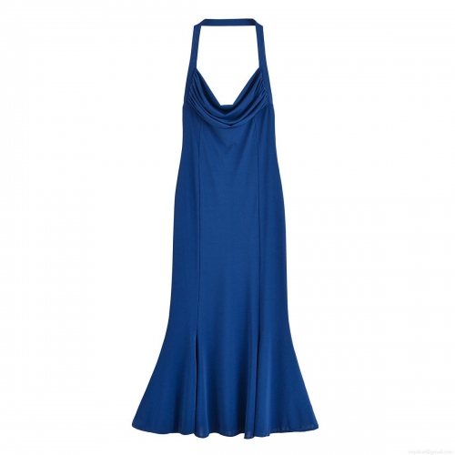 Sexy Cowl Neck Halter Maxi Dress For Women Backless Solid Blue Polyester Spandex Slim Fit Long Dress Elegant Evening Party Clubwear