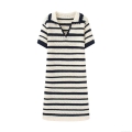 Women's Striped Knit Polo Collar Mini Dress Casual Short Sleeve Crochet V-Neck A-Line Summer Dresses Retro Simple Style Lightweight Breathable Outfit
