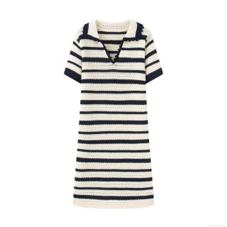 Women's Striped Knit Polo Collar Mini Dress Casual Short Sleeve Crochet V-Neck A-Line Summer Dresses Retro Simple Style Lightweight Breathable Outfit