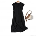 Women Elegant V Neck Sleeveless A-Line Midi Dress 95% Polyester 5% Spandex Slim Fit High Waist Back Zipper Solid Color Evening Party Commuter Dress