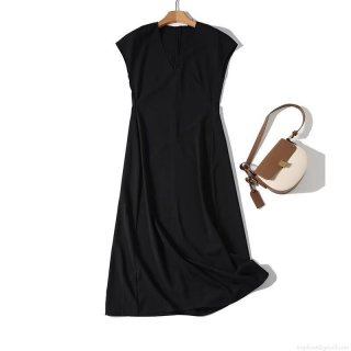 Women Elegant V Neck Sleeveless A-Line Midi Dress 95% Polyester 5% Spandex Slim Fit High Waist Back Zipper Solid Color Evening Party Commuter Dress