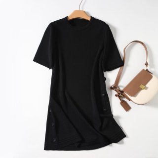 Women's Knitted Short Sleeve Dress Crew Neck Viscose Nylon Casual Midi Dress With Side Buttons Solid Black A-Line Straight Dress For Daily Office Lady