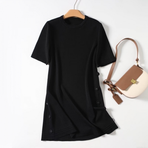 Women's Knitted Short Sleeve Dress Crew Neck Viscose Nylon Casual Midi Dress With Side Buttons Solid Black A-Line Straight Dress For Daily Office Lady