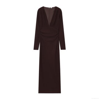 Women Sexy Deep V Neck Ruched Midi Dress Elegant Long Sleeve Bodycon Party Evening Dress Polyester Twisted Crepe Slim Fit Back Zipper Cocktail Gown Clubwear