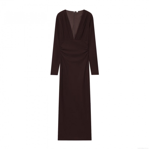 Women Sexy Deep V Neck Ruched Midi Dress Elegant Long Sleeve Bodycon Party Evening Dress Polyester Twisted Crepe Slim Fit Back Zipper Cocktail Gown Clubwear