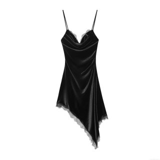 Women's Elegant Black Velvet Satin Spaghetti Strap Dress With Lace Trim Asymmetric Hem Sexy Deep V Neck Mini Dress For Evening Party Club Women