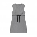 Women's Elegant Grey Satin Texture Mini Dress With Black Bow Knot Sleeveless Deep V Neck Celebrity Style Party Club Fashion Short Dress