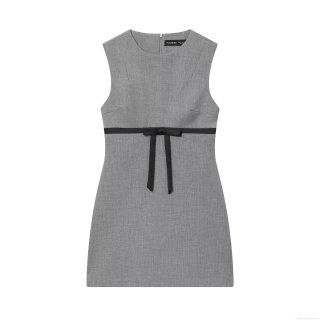 Women's Elegant Grey Satin Texture Mini Dress With Black Bow Knot Sleeveless Deep V Neck Celebrity Style Party Club Fashion Short Dress