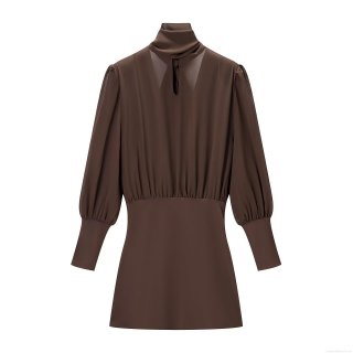 Women's Sexy Coffee Patchwork Mini Dress Elegant High Neck Keyhole Long Puff Sleeve Slim Fit Ruched Bodycon Dress For Party Club Night Out