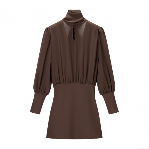 Women's Sexy Coffee Patchwork Mini Dress Elegant High Neck Keyhole Long Puff Sleeve Slim Fit Ruched Bodycon Dress For Party Club Night Out