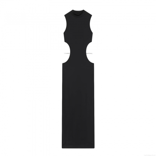 Women Sexy Black Cutout Maxi Dress With Rhinestone Chains Bodycon Sleeveless Mock Neck Evening Party Gown Elegant Clubwear For Ladies