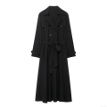 Women's Elegant Trench Midi Dress 100% Polyester Double Breasted Belted Lapel British Style Long Sleeve A-Line Casual Dress for Ladies