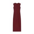 Women's Elegant Wine Red Sleeveless Maxi Dress Slim Fit Pleated High Slit Bodycon Evening Party Gown Sexy Round Neck Solid Color Polyester Dress