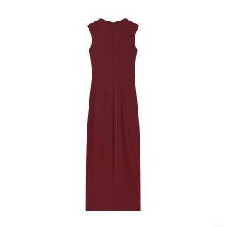 Women's Elegant Wine Red Sleeveless Maxi Dress Slim Fit Pleated High Slit Bodycon Evening Party Gown Sexy Round Neck Solid Color Polyester Dress