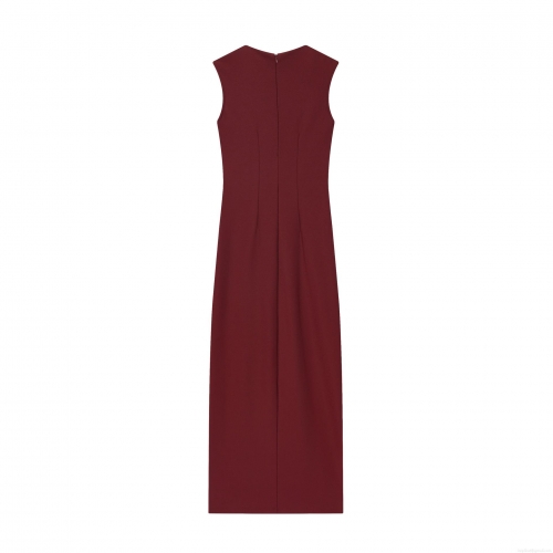 Women's Elegant Wine Red Sleeveless Maxi Dress Slim Fit Pleated High Slit Bodycon Evening Party Gown Sexy Round Neck Solid Color Polyester Dress