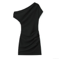 Sexy One Shoulder Ruched Mini Dress Polyester Spandex Slim Fit Asymmetric Black Bodycon Party Dress For Women Clubwear Elegant Short Dress