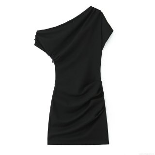 Sexy One Shoulder Ruched Mini Dress Polyester Spandex Slim Fit Asymmetric Black Bodycon Party Dress For Women Clubwear Elegant Short Dress