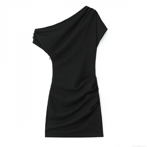 Sexy One Shoulder Ruched Mini Dress Polyester Spandex Slim Fit Asymmetric Black Bodycon Party Dress For Women Clubwear Elegant Short Dress
