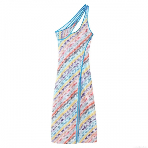 Women's Sexy One Shoulder Zigzag Chevron Print Maxi Dress Hollow Out Chest Split Hem Polyester Spandex Summer Resort Slim Fit Sleeveless Long Dress